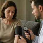 Lekár merajúci krvný tlak pacientovi pomocou tonometra.