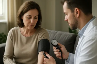 Lekár merajúci krvný tlak pacientovi pomocou tonometra.