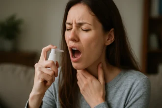 Žena používa orálny sprej s výrazom bolesti v hrdle.