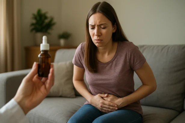 Žena s bolestivými príznakmi drží si brucho a pozerá na kvapky.