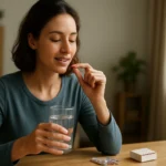 Žena berúca tabletu s vodou, symbolizujúca zdravie a Milgamma