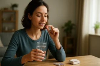 Žena berúca tabletu s vodou, symbolizujúca zdravie a Milgamma