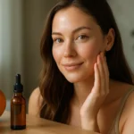 Žena používa pomarančový esenciálny olej na svoju pleť.