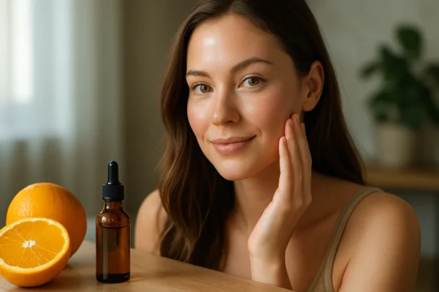 Žena používa pomarančový esenciálny olej na svoju pleť.