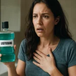 Žena s Listerinom vyjadruje obavy o ústnu hygienu.