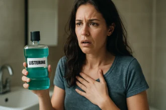 Žena s Listerinom vyjadruje obavy o ústnu hygienu.