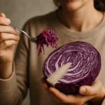 Žena drži červenú kapustu a vidlicu s nastrúhanou kapustou.