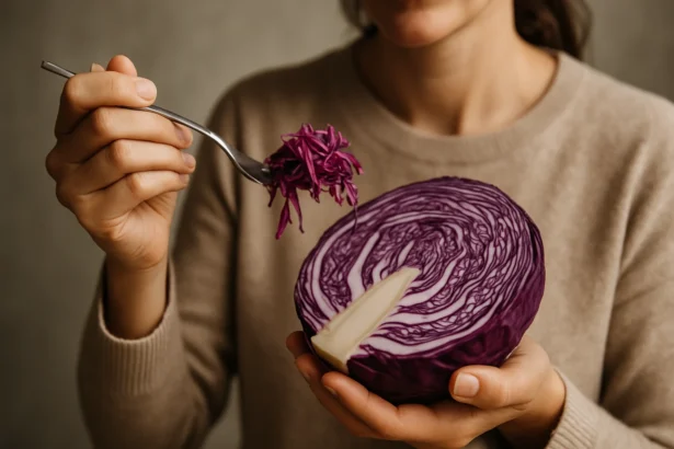 Žena drži červenú kapustu a vidlicu s nastrúhanou kapustou.