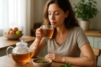 Žena vychutnávajúca si Ukko čaj pre zdravie a chudnutie
