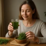 Žena s pohárom zelenej šťavy a puškvorcom na stole