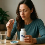 Žena s doplnkom horčíka a pohárom vody na stole