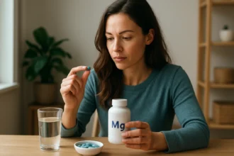 Žena s doplnkom horčíka a pohárom vody na stole