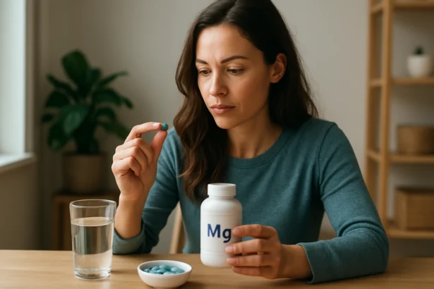 Žena s doplnkom horčíka a pohárom vody na stole