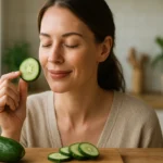 Žena si užíva čerstvú uhorku v kuchyni, dokazuje jej zdravé výhody.