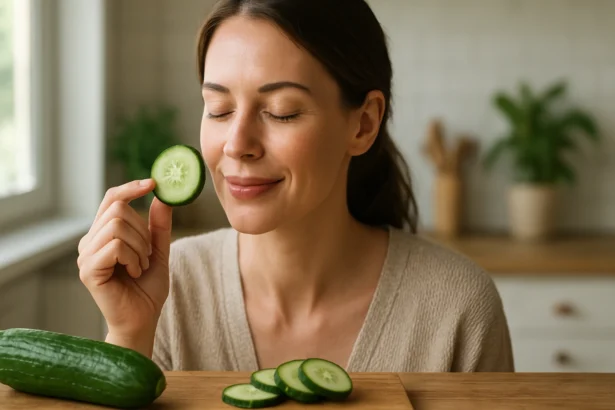 Žena si užíva čerstvú uhorku v kuchyni, dokazuje jej zdravé výhody.