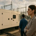 Profesionáli sledujú generátor v priemyselnom prostredí s elektrickými stĺpmi.