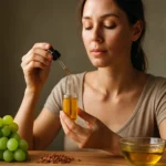 Žena používajúca olej z hroznových jadierok pre zdravie a krásu