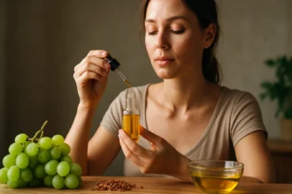 Žena používajúca olej z hroznových jadierok pre zdravie a krásu