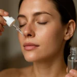 Žena aplikuje sérum na pleť pomocou pipety.