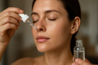 Žena aplikuje sérum na pleť pomocou pipety.