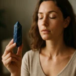 Žena s kameňom sodalitu, ktorý podporuje duševnú harmóniu a energiu.