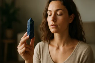 Žena s kameňom sodalitu, ktorý podporuje duševnú harmóniu a energiu.