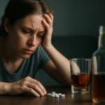 Žena sa obáva následkov kombinácie Xanaxu a alkoholu.