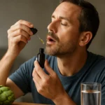 Muž užívajúci artičokové kvapky na podporu zdravia