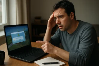 Muž prekonáva frustráciu pri oprave pád spúšťača The Sims 3 na notebooku.