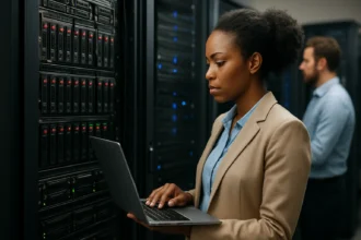 Žena pracujúca s laptopom v serverovni s HMV zásobníkmi.