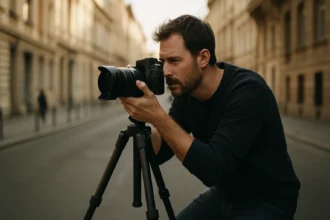 Muž fotografujúci na statíve s profesionálnym fotoaparátom.