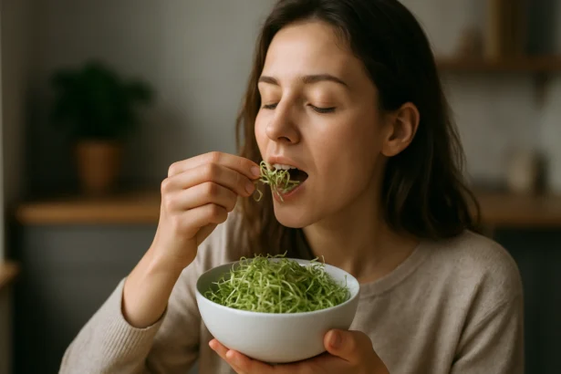 Žena jesť klíčky z misky v príjemnom prostredí