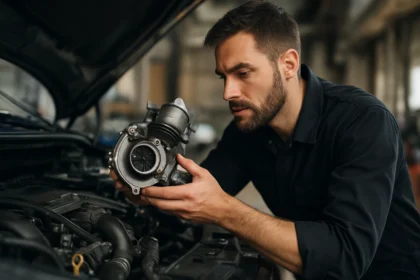 Mechanik kontroluje turboregulačný ventil pod kapotou auta.