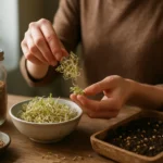 Žena manipuluje s čerstvými klíčkami na drevenom stole.