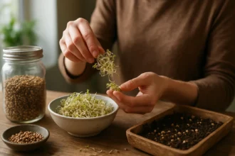 Žena manipuluje s čerstvými klíčkami na drevenom stole.