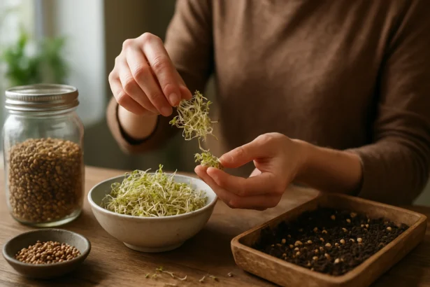 Žena manipuluje s čerstvými klíčkami na drevenom stole.