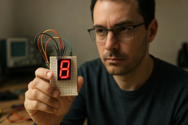 Človek ukazuje 7-segmentový displej s číslicou 8.