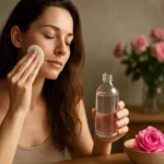 Žena aplikujúca ružovú vodu na pleť s fľašou a ružami v pozadí.
