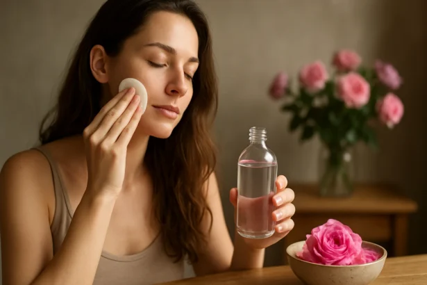 Žena aplikujúca ružovú vodu na pleť s fľašou a ružami v pozadí.