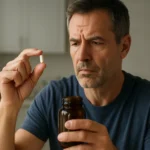 Muž drží kapsulu L-arginínu a pozorne ju skúma.