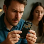 Muž skúma technológiu v telefóne zatiaľ čo žena telefonuje.