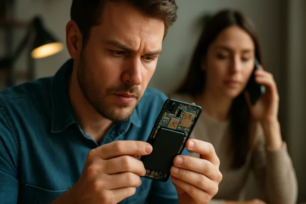 Muž skúma technológiu v telefóne zatiaľ čo žena telefonuje.