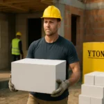 Pracovník nesie bloky Ytong na stavbe s žltou prilbou.