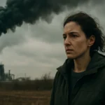 Žena sledujúca dym z priemyselnej komína, symbolizujúca hrozbu metánu.