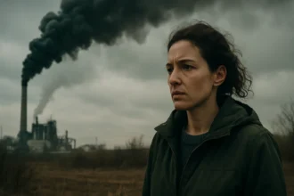 Žena sledujúca dym z priemyselnej komína, symbolizujúca hrozbu metánu.