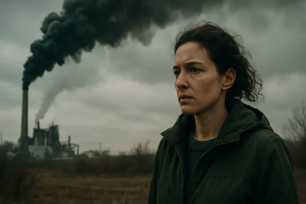 Žena sledujúca dym z priemyselnej komína, symbolizujúca hrozbu metánu.