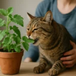 Mačka ochutnáva mačaciu mätu z kvetináča.