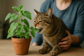 Mačka ochutnáva mačaciu mätu z kvetináča.