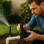 Muži skúmajúci magnetický ventil Rain Bird v záhrade
