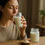 Žena pije kolostrum z pohára, vedľa sú ďalšie produkty kolostra.